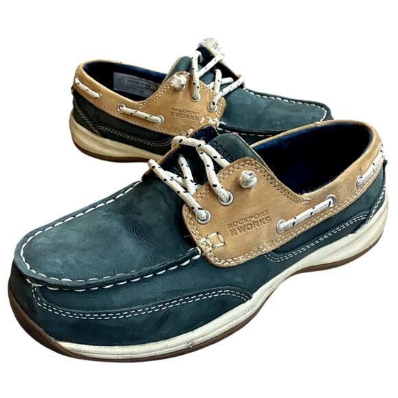 Rockport Works Women's Boat Shoes 9M Leather Blue Tan Sailing Club Steel Toe - Picture 1 of 9
